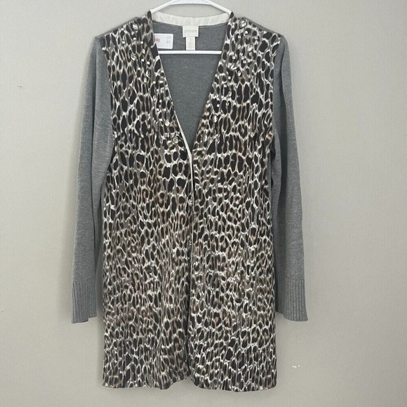 Chicos Women's Leopard Cardigan M/8 Gray Cotton Blend Sweater Button - Picture 11 of 12